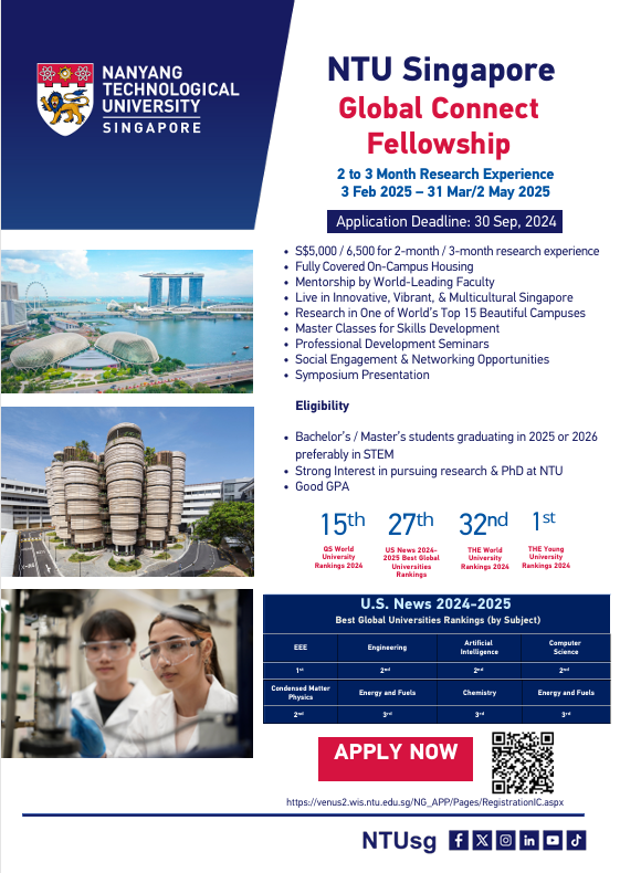 NTU Singapore Global Connect Fellowship, Spring 2025 (Apply by 9/11)