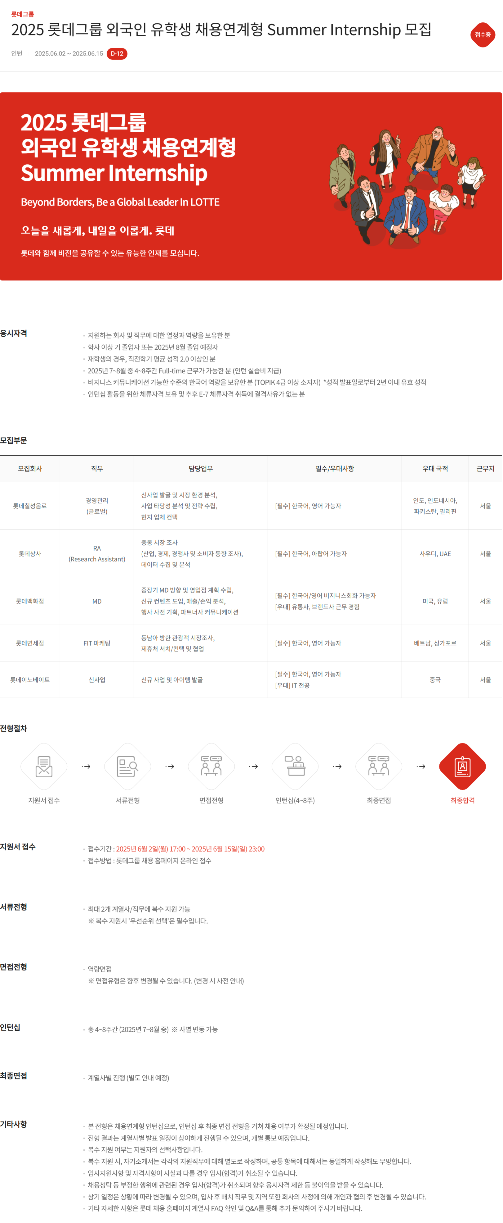 모집 분야: 롯데칠성음료, 롯데상사, 롯데백화점, 롯데면세점, 롯데이노베이트 / 전형절차: 지원서접수-서류전형-면접전형-인턴십(4~8주)-최종면접-최종합격