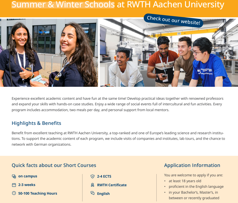 RWTH Summer Schools 2026 in Aachen, Germany - now open for registration